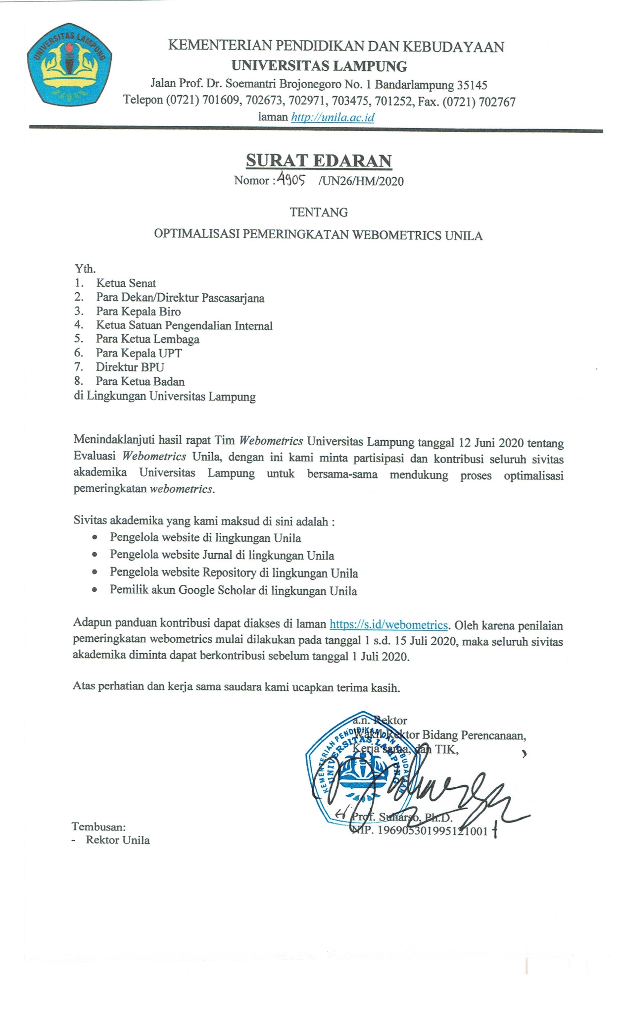 SURAT EDARAN “OPTIMALISASI PEMERINGKATAN WEBOMETRICS UNILA”