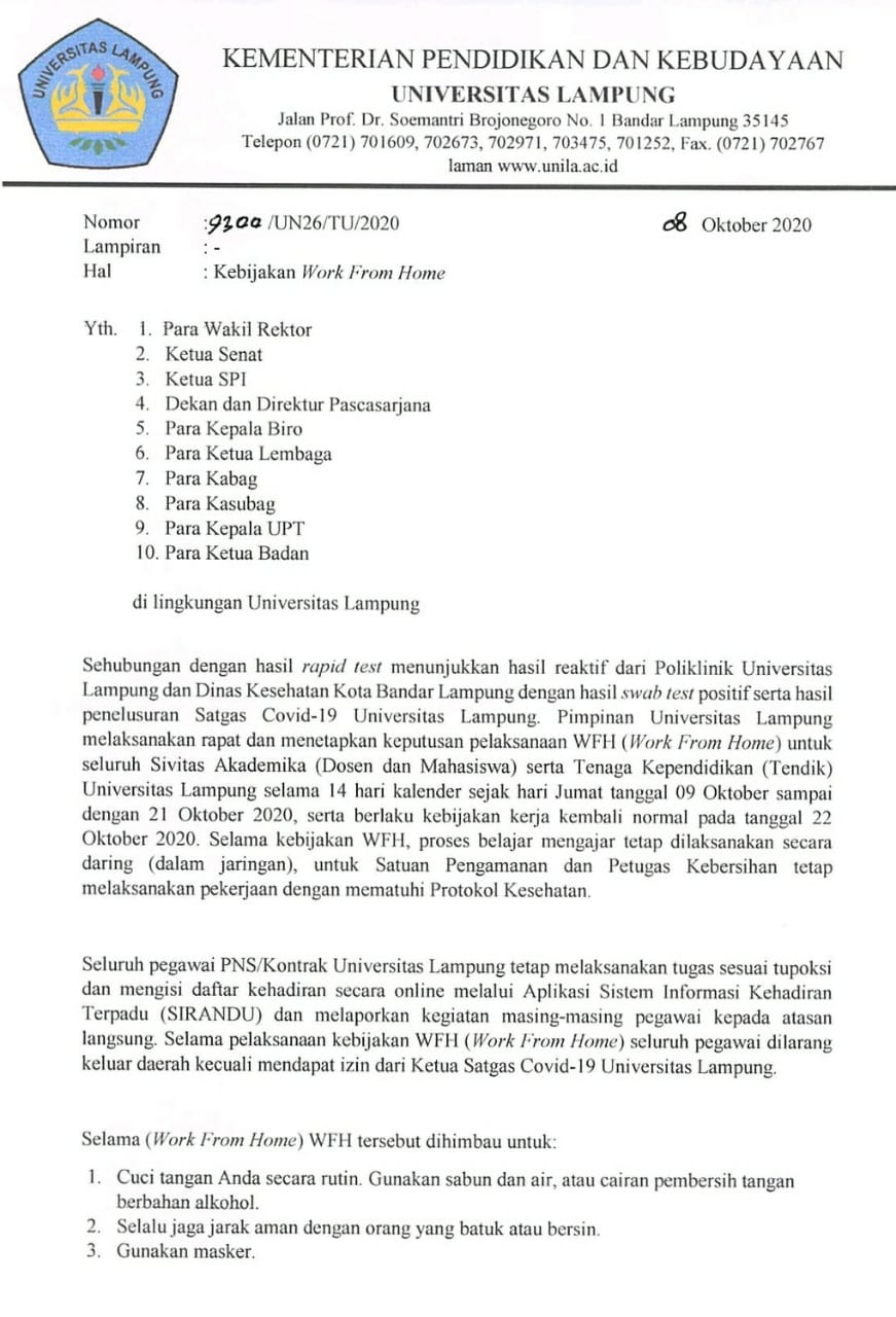 Kebijakan Work From Home (9 Oktober 2020)