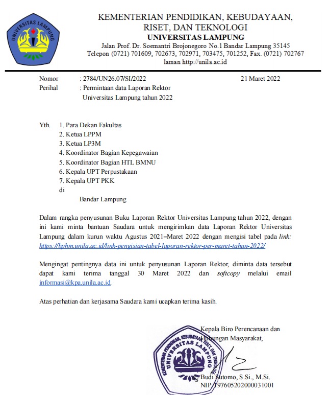 Link Pengisian Tabel Laporan Rektor per- Maret Tahun 2022